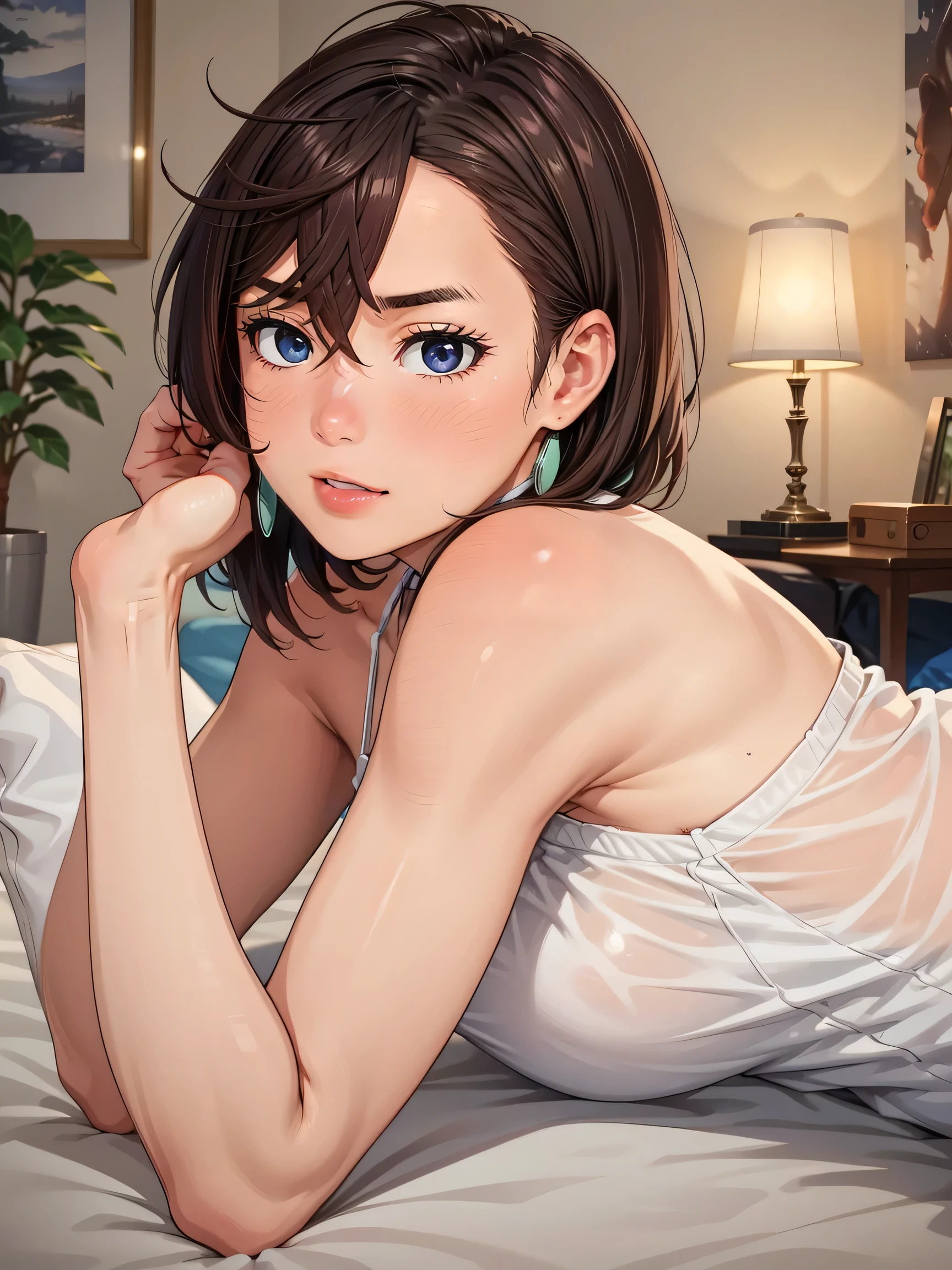 photo realistic,8k,finely detailed skin,detailed skin texture,high quality skin,realistic skin,from 1girl,((looking_at_viewer)), depth of field, living room, (lying on the bed),masterpiece, best quality, high resolution, 4k, ultra high resolution, highly detailed, highly detailed, beautiful eyes, beautiful hair, beautiful side, beautiful skin,detailed shiny skin,good hands, best hands,curvy,Cosmic eyes,Momo Ayase