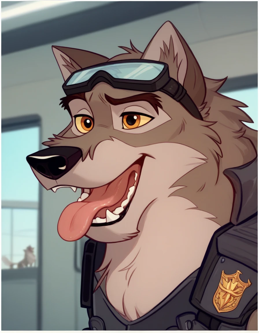 Accurate, Long Hair, High Resolution, Tongue, Border, Goggles, Depth Of Field, Behance, wolf,furry, feral, armoured police vest, sniffling boxes eith her nose, airport cargo room 