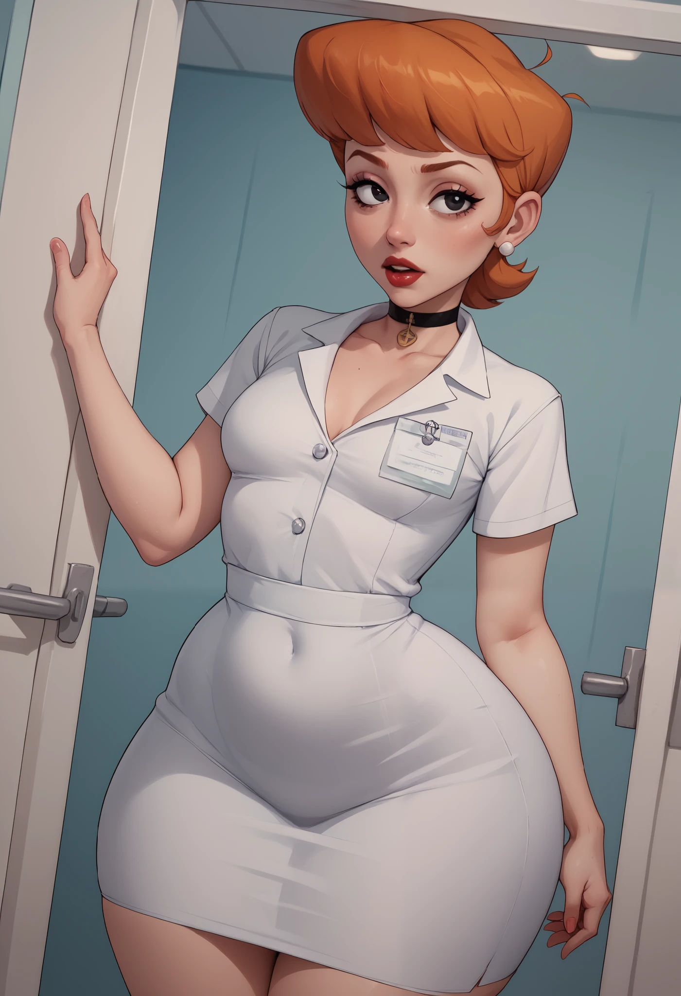 score_9, score_8_up, score_7_up, BREAK, 1girl, solo, black eyes. ginger. small saggy breasts. bbw. huge hips. dextersmom, makeup, jewelry, mature female, choker. Hospital. the clothes of a medical worker. the hospital ward. blood.