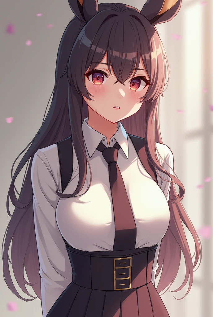 (best quality:1.1), (Masterpiece:1.2), lady, long hair, black hair, Hair bow, pink eyes, big breasts:1.2,  beautiful, cute, Bright face, Good mood, high school girl, student uniform set, Sweating, wet, ริมฝีปากอมชมพู, ((Highest quality, Best Performance, Maximum details, Light and shadow details:1.2, 4k details))