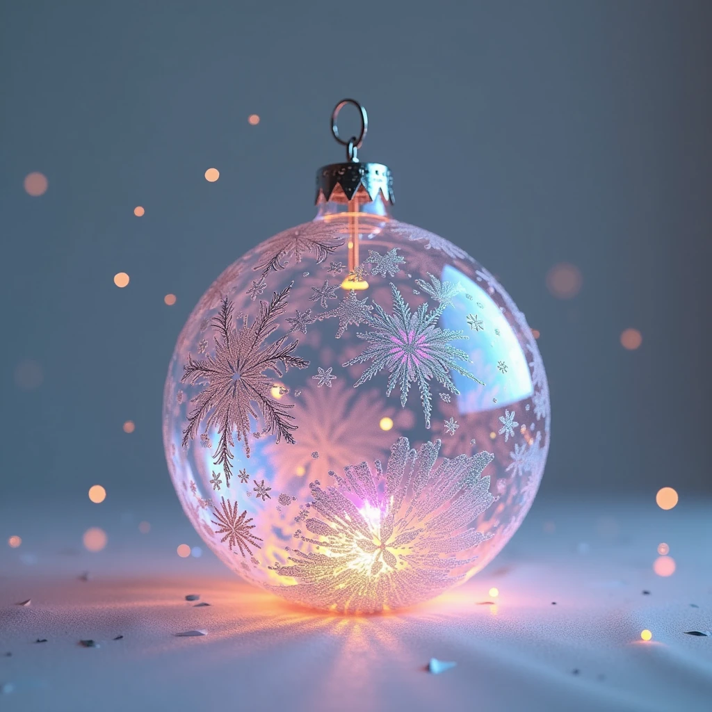  Christmas decoration ,  One Christmas Ball with Different Frost and Snowflake Patterns,  Different colors shimmer in the Balloon , Semi transparent ,  very detailed ,  patterns with maximum detail,  masterpiece fails, 8 k,  best quality ,