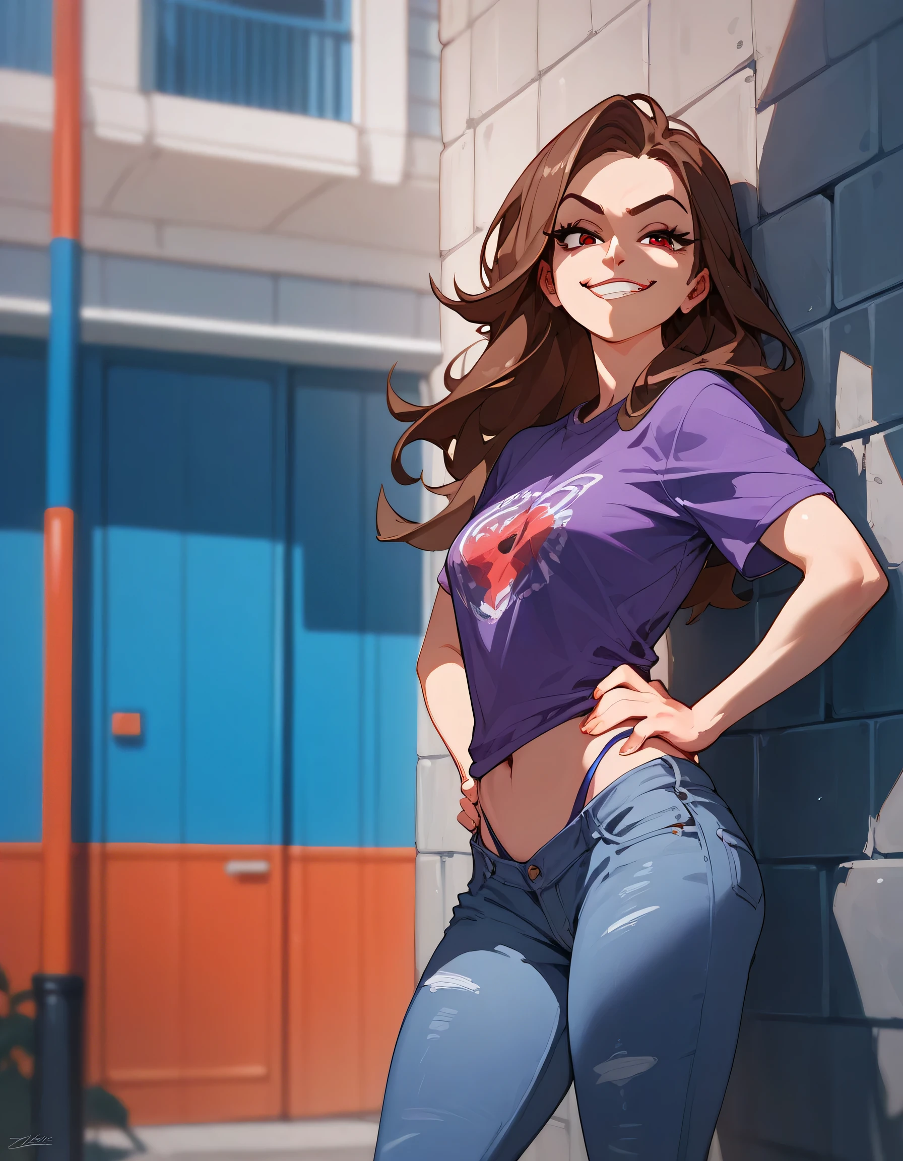 1 girl, Long Brunette Hair, Red Eyes, purple shirt , Blue long flare jeans, thong , Sly face., smirk , large , hands on hips , roadside wall