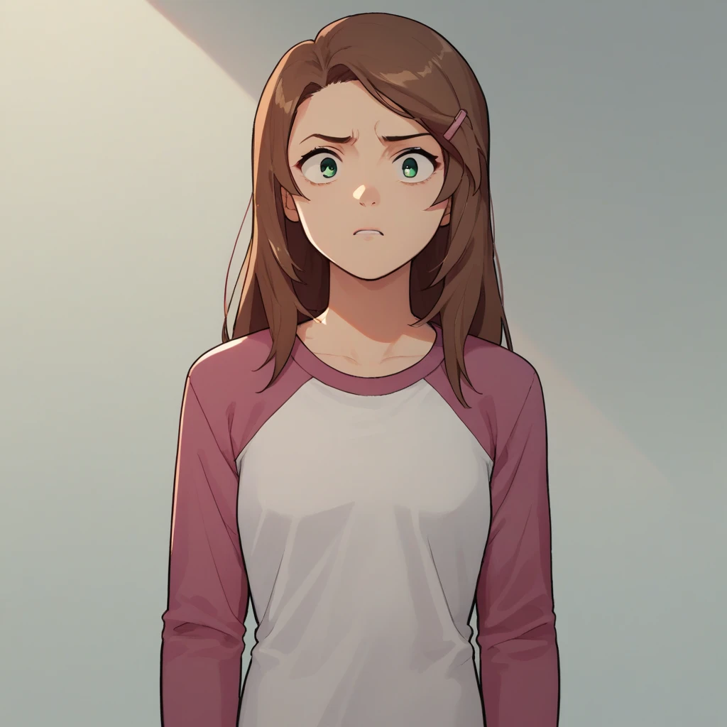 score_9, score_8_up, score_7_up, BREAK, source_anime,  1girl, solo, Diana, long hair, brown hair, green eyes,  shirt,  dark pink raglan sleeves  cowboy shot,