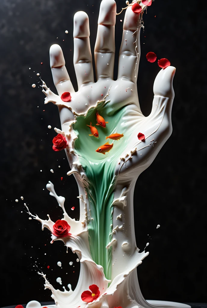 An incredible surreal sculpture of a human hand, ( On a piece of black porcelain stone, a white porcelain hand) From bottom to top, ((fingers folded together and slightly raised up)), ((Hand turned palm up)), ((In the palm of your hand )) (( Light green transparent water )), (( Small goldfish in the water )),  The water flows into a stream  (( Flows from the palm through the arm )). The fingers of the hand are damaged ((There are cracks )) and (( Breaks into pieces )), ((pieces and fragments of fingers crumble down)). On the plane,  Some fragments  (( Turns into a small hummingbird )) and they fly away. side view. Top corner.  The distance is 1 meter .  The work of a talented sculptor .  surrealism .  warping in space . illusion