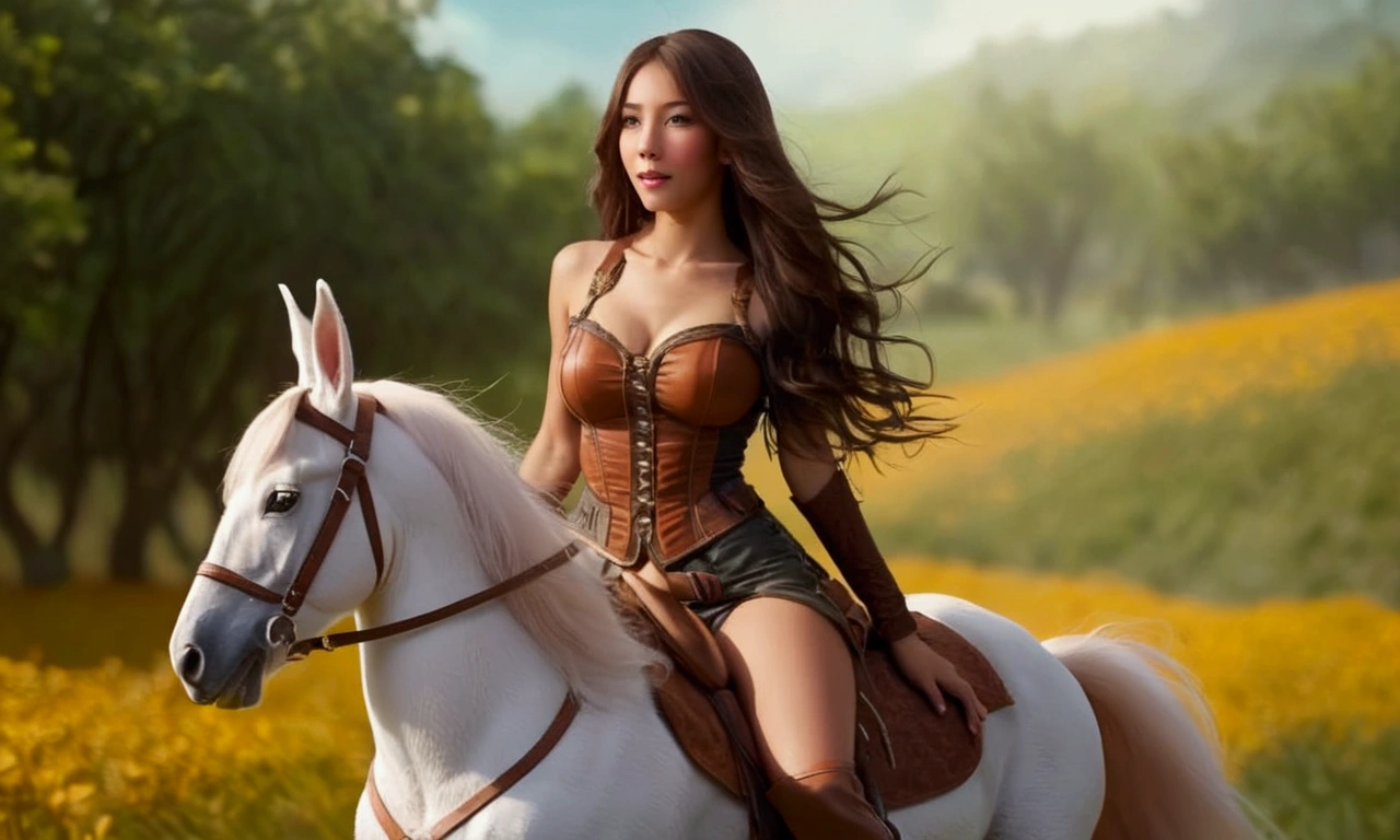 "Create an image of a beautiful American woman in her 20s or 30s. She has long, flowing hair and is wearing a amazon costume. Her body is glamorous with large breasts and a big butt. She has a smiling.The whole body is shown.Among the rivers and mountains.She is riding a horse.