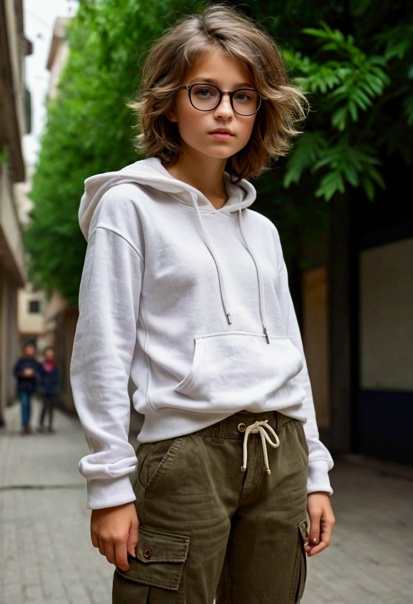 Masterpiece of realiatic photography, high quality, shaded tones; Appearance: the cute tomboy girl Nika whose age is older than the universe itself with nice natural chestnuts has short Brown disheveled and very shaggy hair, with small stature, with a slighly tanned skin and rounded face. Sensual lips, proportional beautiful small nose. In glasses. a deep, penetrating to the depths of soul, infinitely wise and absolutely indifferent bored look from the dark brown eyes of an immortal being who saw the birth of the universe on the absolutely young innocent face of a girl of about thirty nine. she wears clothes without underwear. the whole body completely including the legs.with an absolutely indifferent look, she walks in a completely open white plush hoody thrown over a completely naked body, canvas camuflage cargo pants and brown military boots in the crowded megapolis 