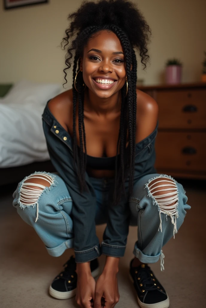 A slim Black woman with short hair crouching bob box braid having dimples, big lips, gaps between her teeth and a narrow short nose facing camera with far smile. Show gaps in her teeth and standing naked