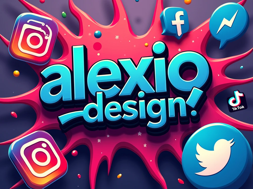  Create an image that says . ALEXIODESIGN  ,,  with a creative font with somewhat striking , strong colors ,  behind the text add the logos of the main social networks ( FACEBOOK INSTAGRAM TIKTOK MESSENGER  ) ,  also add the logos of the main social networks , just add the logos ,  don't add the names  