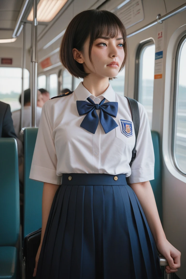 {best quality}, {very aesthetic}, {ultra-detailed}, {best illustration}, nsfw, japan girl, black short hair, school uniform, in train, (massive cum on uniform: 1.0), cry, disgusted face