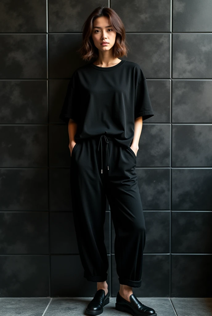 Japanese Girl sees the ghost and pees her black palazzo pants until her pants are wet in fright.