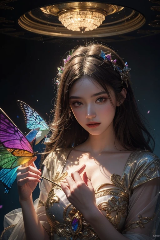 (​masterpiece, best quality:1.5), highest quality, High resolution, super detailed, Realists, Upper body photo of a brunette young magical girl, detailed and beautiful eyes, beautiful detailed lips, very detailed eyes and face, longeyelashes, shiny blue satin dress, Holding a magic wand in your hand, Cast a transformation spell, With her stick she turns spiders into butterflies, Glowing wands available,Beautiful and colorful makeup, elegant and noble々The jewelry bag, Gardens as background, soft daylight, bright colors, fine brushstrokes, Portrait style, Silk dress fabric, beautiful color palette, glowing skin, First-class rendering, that captures every detail, enchanting atmosphere, subtle shadows and lights, (perfect anatomy:1.2), (The stunning Magical Girl turns spiders into butterflies. on the table(a transformation with the magic wand:1.4), (magnificent panorama view:1.2)