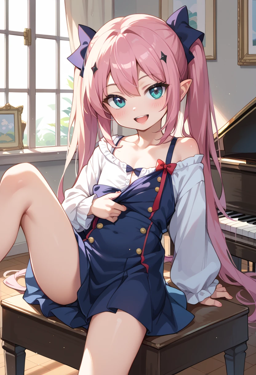 (( top quality)), ((masterpiece)), (be familiar with),  perfect face, indoor, bedroom, looking at the viewer,
One woman, Krull Tepesi ,
 open mouth,  ecstatic expression beside the piano, blush, smile,
 small ,  flat chested, Young girl, Lori,  kids,  girl,
 long hair,  twin tails,
Leg spread,