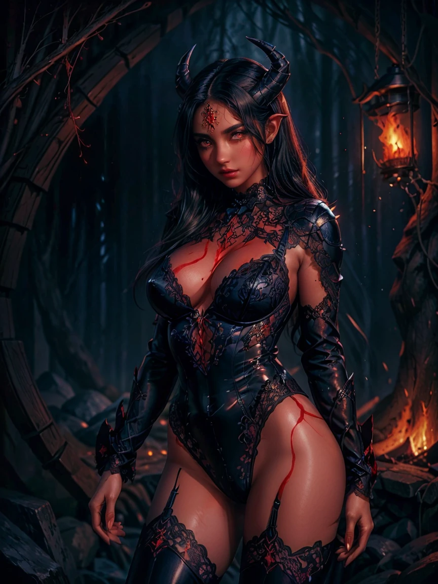 A demoness with long black hair, red colored skin and glowing eyes, medium chest, standing confidently in a dark, mystical cave. She wears a black leather bodysuit, accented with lace details, and her horns curl elegantly around her head. Subtle flames flicker in the background, casting a soft, blue glow on her skin