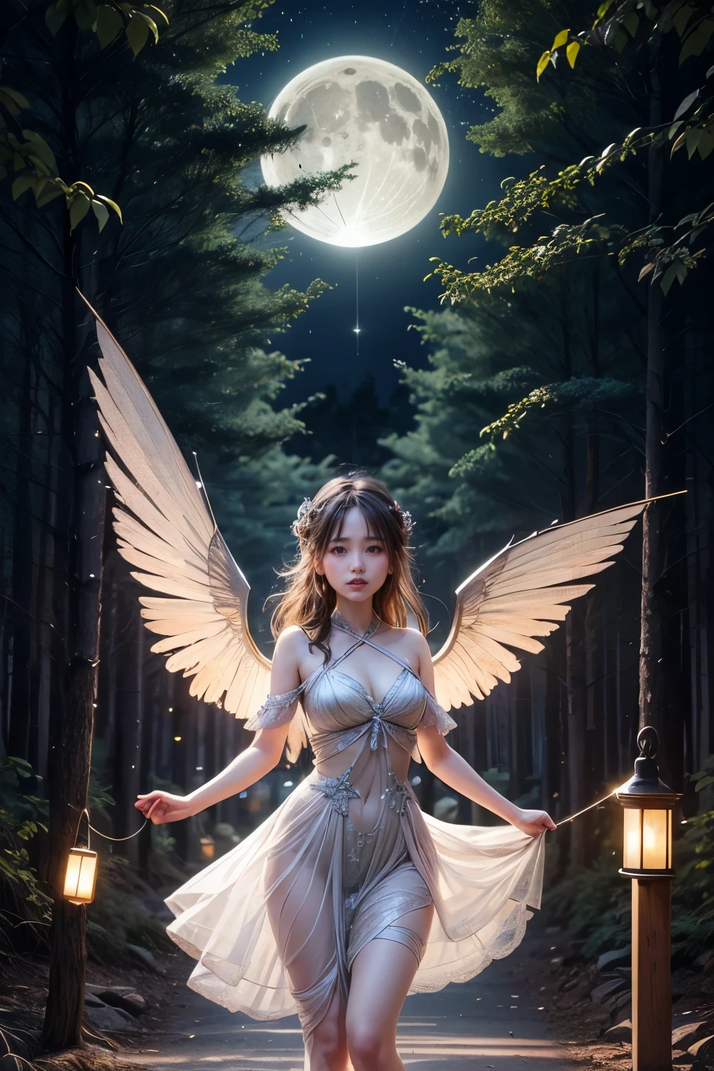   At dusk, 、 the forest seems to come to life with a graceful glow 。 fireflies dance in an enchanting pattern 、 the crescent moon shines a silver light on ancient twigs 。Sudden、 dazzling figures appear in front of you 、 You can see the beauty of the celestial body with sparkling wings and a cunning smile flowing on her lips