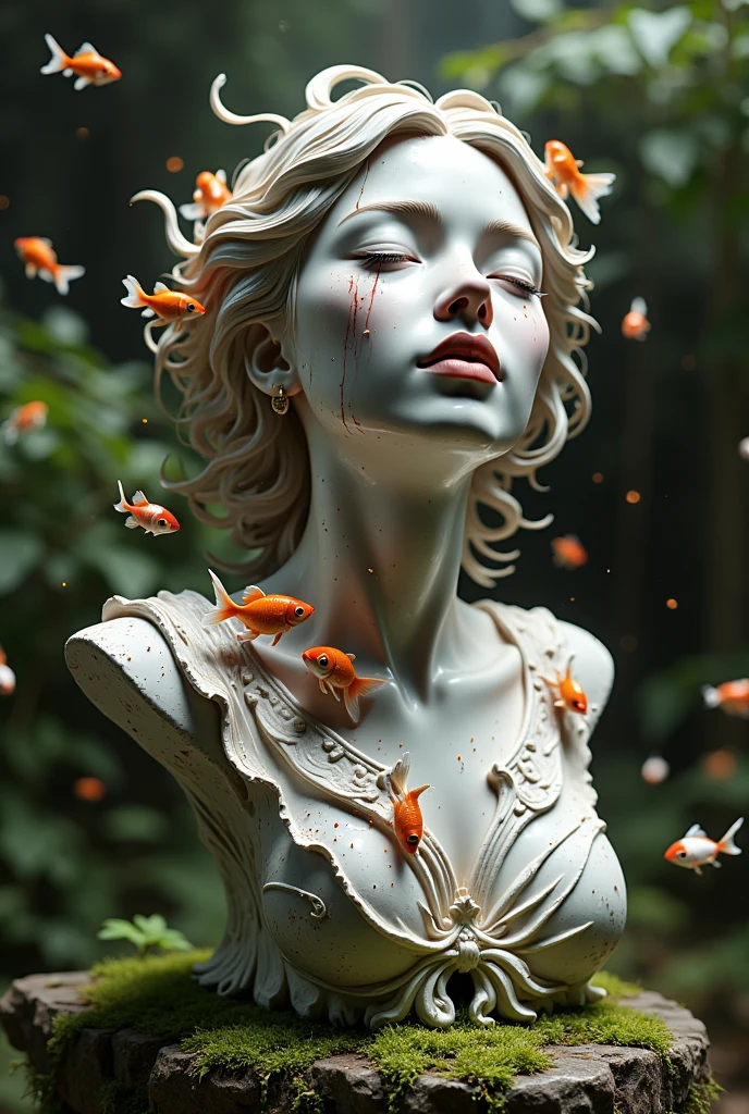  A beautiful illustration  ： detailed portrait sculpture of a person ,Eyes closed,Head tilted back,  in a forest environment with moss and small animals,  height detailed , ( are of the best quality,4K,8K, high resolution,masterpiece:1.2), Ultra HD,( actual ,photo actual ,photo- actual :1.37),Intricate stone sculpture , Serene expression,  Forest Background ,  moss-covered rocks ,  Tiny forest creatures ，  goldfish swimming in the air 