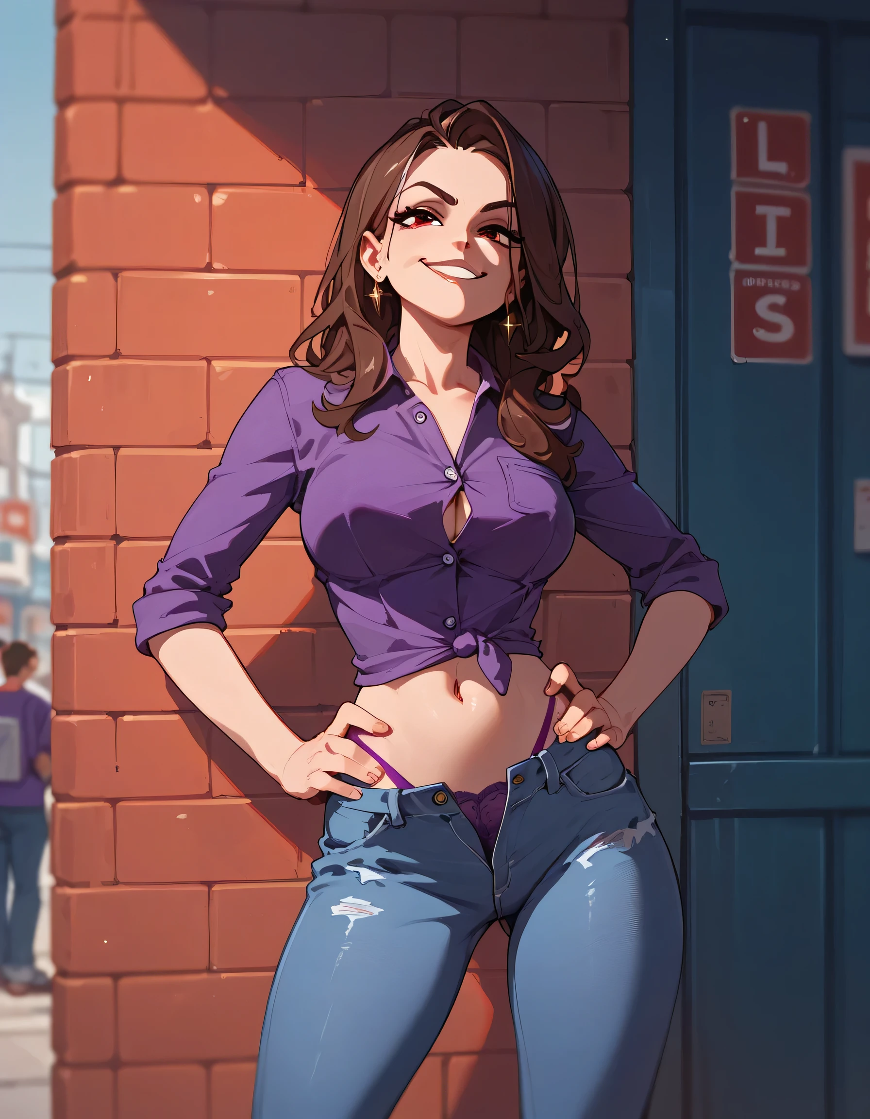 1 girl, Long Brunette Hair, Red Eyes, purple shirt , Blue long flare jeans, thong , unbuttoned jeans , Sly face., smirk , large , hands on hips , roadside wall