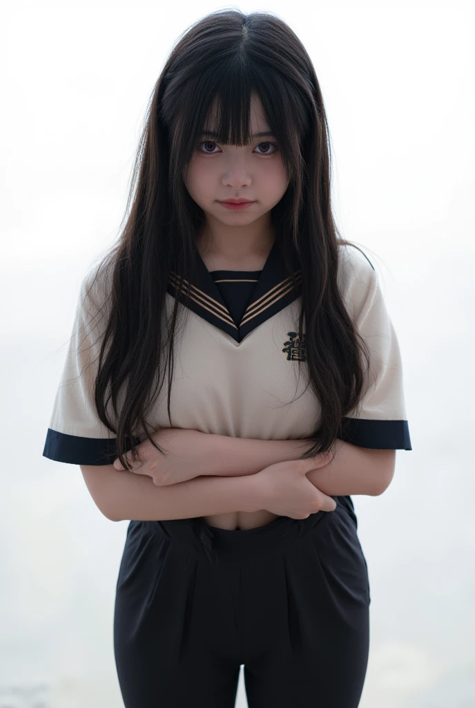 masterpiece,  top quality:1.3,  growing skin,  1 girl in uniform, Alone,  long hair,  black hair, bangs,  purple eyes,  double eyelid ,  standing, whole body, medium breasts, Violating the breasts, Bad mood,  school uniform , Short sleeve, pencil pants,