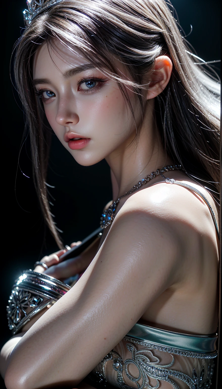 (RAW photo, best quality, masterpiece, ultra-detailed, high res), (realistic),(extremely delicate and beautiful:1), mesmerizing woman with long hair in sleek high ponytail , (((wearing glossy silver cloak fastened at the neck :1.20))), crop top and hotpants , detailed features, smiling expression of feelings, imaginative, highly detailed, extremely high-resolution details, photographic, realism pushed to extreme, fine texture, 4k, ultra-detailed, high quality, high contrast, full body shot