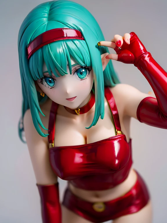 aqua hair, brabulladbgt, red hairband, red gloves, blue eyes, red outfit, skimpy