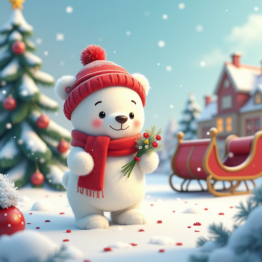  soft toy,  Snow Bear in a Red Hat and Scarf with snowflakes in its paw holds Flowers,  Nearby there is a sleigh with a Christmas tree , It&#39;s snowing,  snowdrifts ,  moving towards the village with bright lights and Christmas decorations , very beautiful and detailed ,  best quality ,  masterpiece fails, 8 k,  complex textures ,  ballroom outfit is as detailed as possible,  Cartoon Style , 