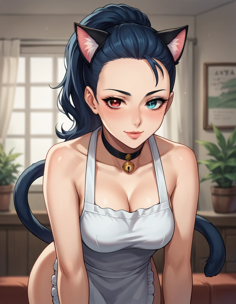 score_9, score_8_up, 1girl, viola, ponytail hair, heterochromia eyes, left eye red, blue eye blue, 1girl, solo, blue eyes, heterochromia, ponytail, blue hair, red eyes, black hair, blush, lips, naked apron, cat ears, cat paws, :3, cat tail, leaning forward, choker, black nails, makeup, smile,