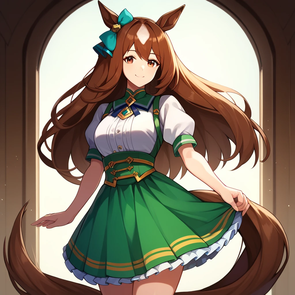 1girl, solo, umamusume, horse girl, horse ears, horse tail, brown eyes, brown hair, long hair, light smile, ear bow, frilled skirt, green skirt, high-waist skirt, puffy short sleeves, thin, slender, (japanese:0.8)