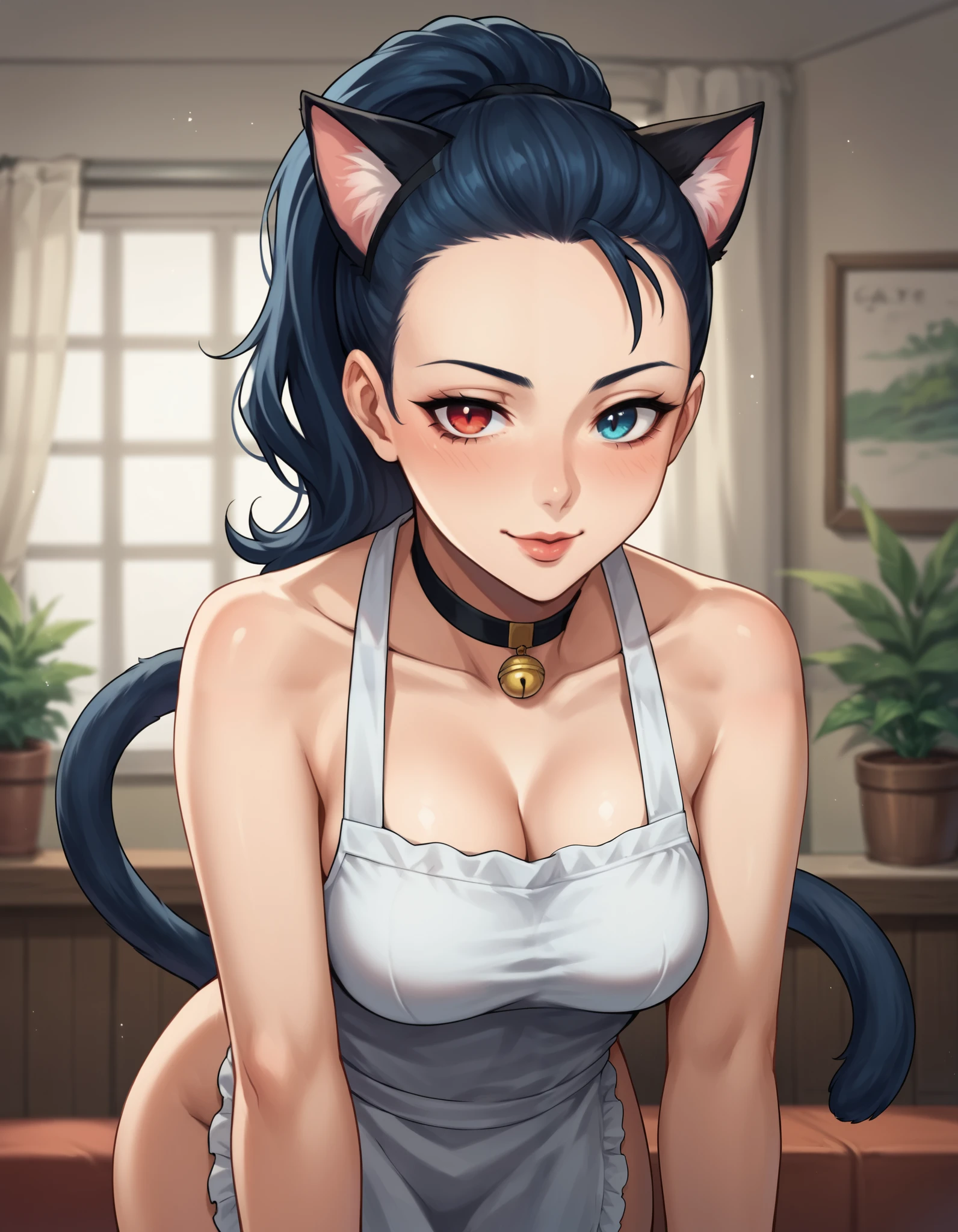 score_9, score_8_up, 1girl, viola, ponytail hair, heterochromia eyes, left eye red, blue eye blue, 1girl, solo, blue eyes, heterochromia, ponytail, blue hair, red eyes, black hair, blush, lips, naked apron, cat ears, cat paws, :3, cat tail, leaning forward, choker, black nails, makeup, smile,