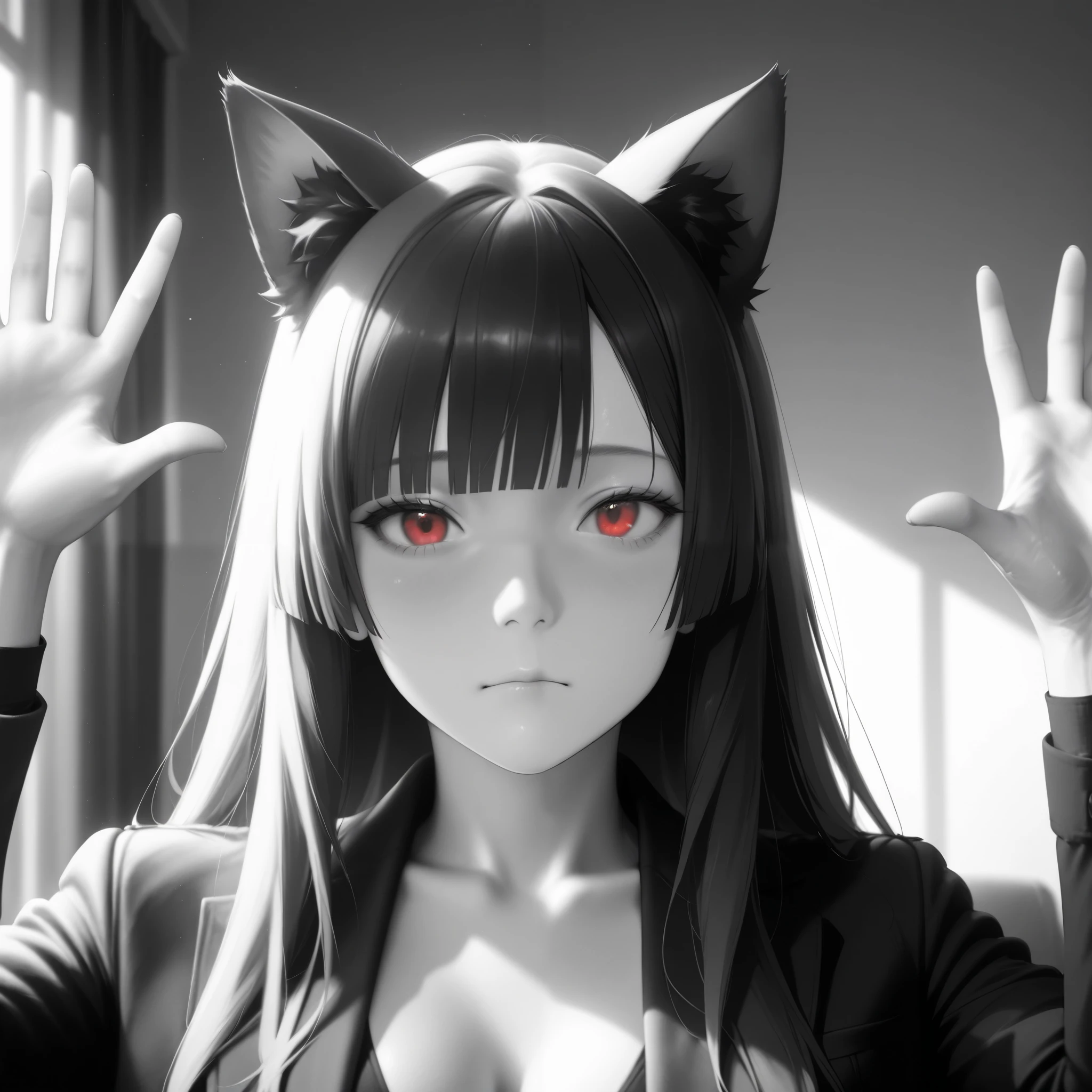 2.5D,  realistic , masterpiece,  best quality ,  soft lighting ,
 : "Absolute cine"
   Expressive, 
 Absolute_cine, English , parody, monochrome, greyscale,  a girl,  Closed mouth ,  looking at the spectator,  hands up
Junkotvvxl Black Long Hair,  straight bangs , cat ears, red eyes