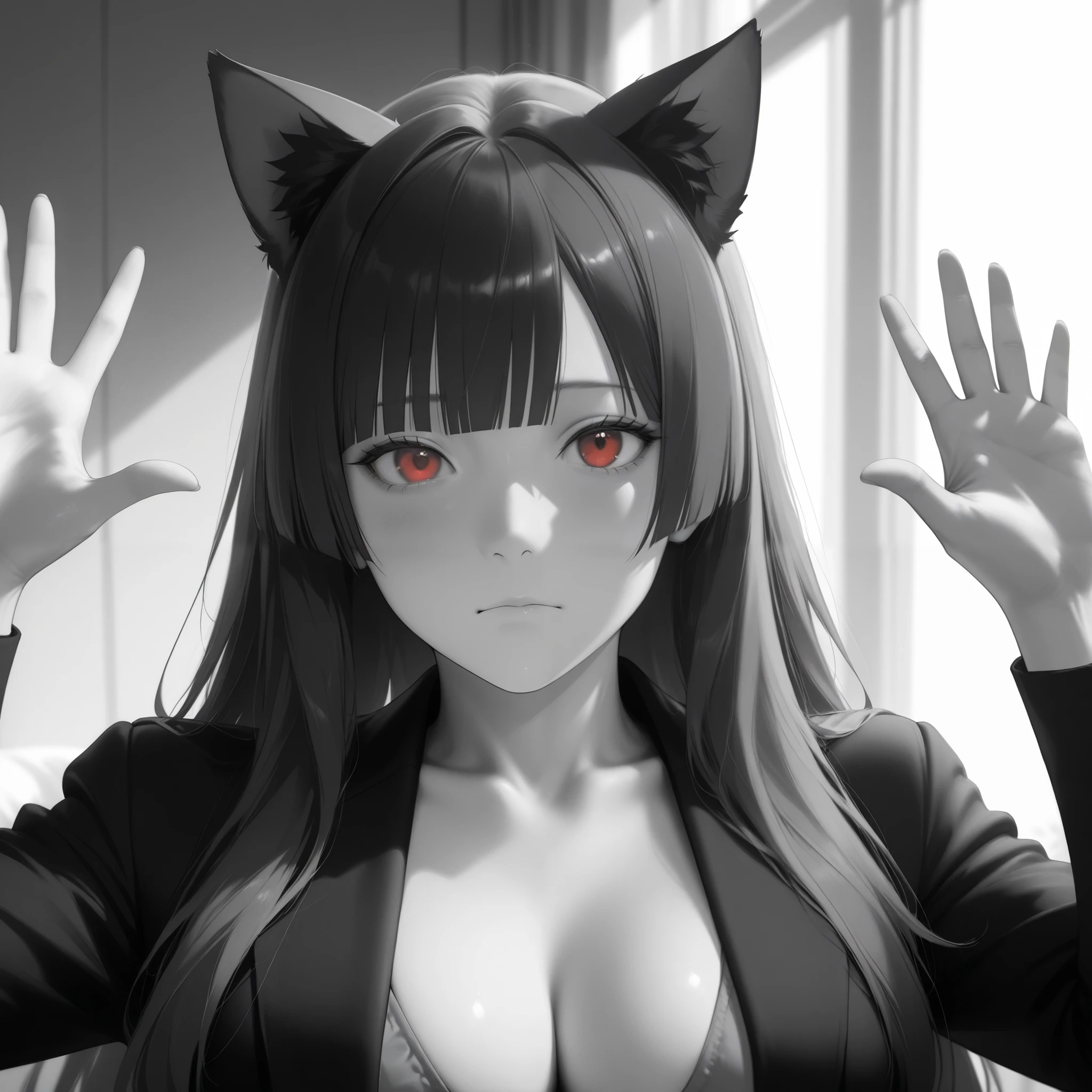 2.5D,  realistic , masterpiece,  best quality ,  soft lighting ,
 : "Absolute cine"
   Expressive, 
 Absolute_cine, English , parody, monochrome, greyscale,  a girl,  Closed mouth ,  looking at the spectator,  hands up
Junkotvvxl Black Long Hair,  straight bangs , cat ears, red eyes