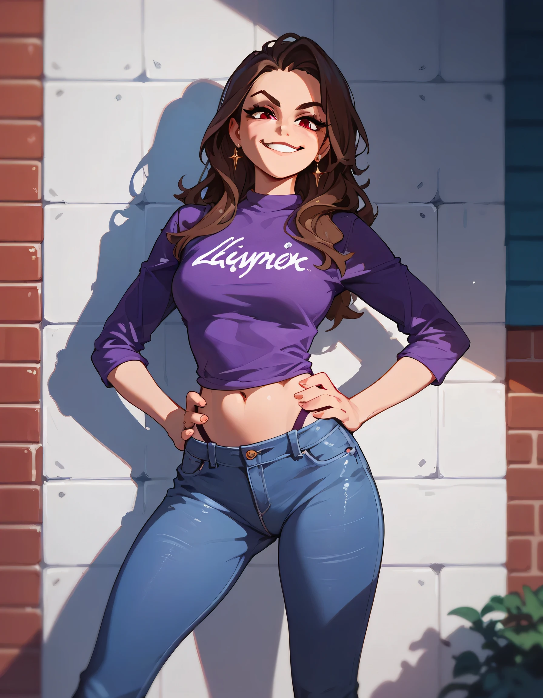 1 girl, Long Brunette Hair, Red Eyes, purple shirt , Blue long flare jeans, thong , Sly face., smirk , large , hands on hips , roadside wall