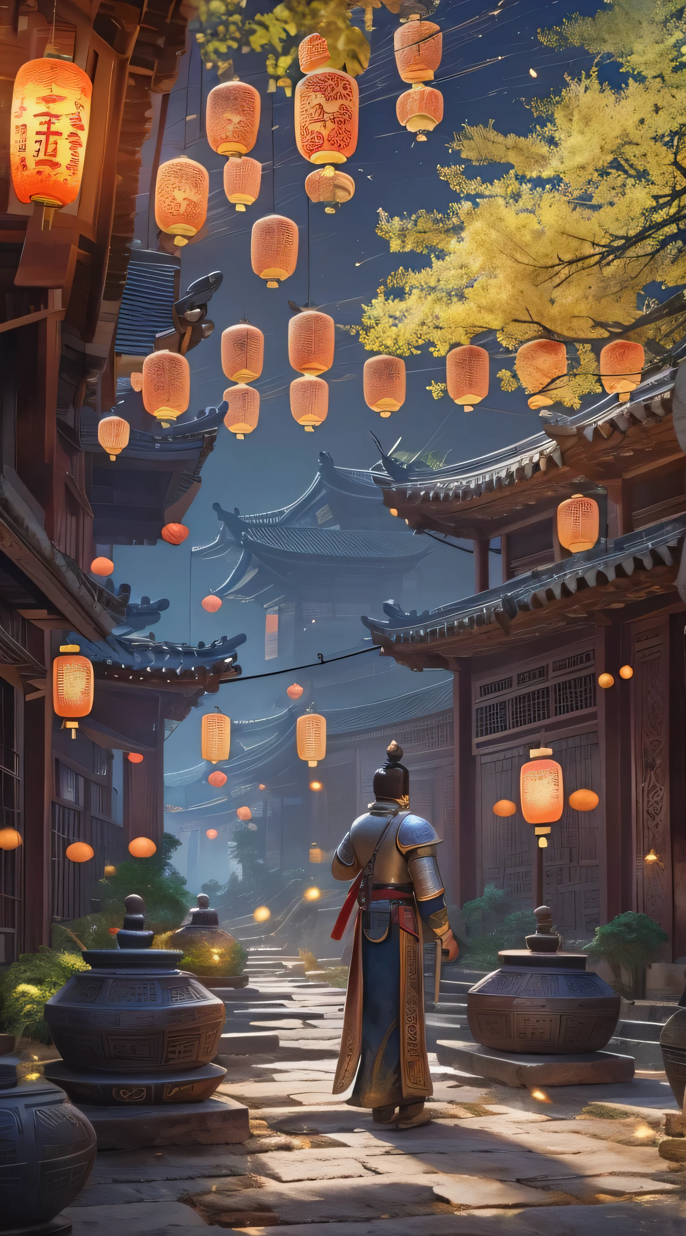  Official Art ,  Ancient China, Ancient street, (Lots of fireflies), (  knight ), (moon), Light,  beautiful scenery , Spectacular scenery, Realistic lighting, masterpiece,  High Quality ,  beautiful graphics,  high detail,   Global Illumination  ,  Unreal Engine rendering ,  octane rendering, ( high definition :1.3)