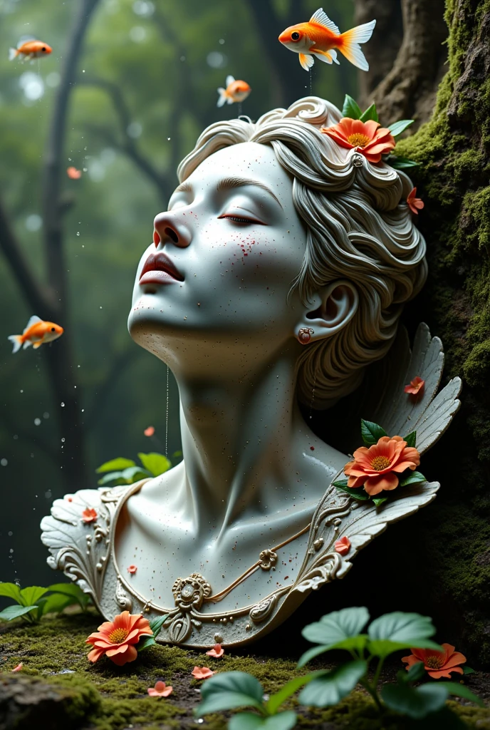  A beautiful illustration  ： detailed portrait sculpture of a person ,Eyes closed,Head tilted back,  in a forest environment with moss and small animals,  height detailed , ( are of the best quality,4K,8K, high resolution,masterpiece:1.2), Ultra HD,( actual ,photo actual ,photo- actual :1.37),Intricate stone sculpture , Serene expression,  Forest Background ,  moss-covered rocks ,spider silk，dew，  Tiny forest creatures ，  goldfish swimming in the air 