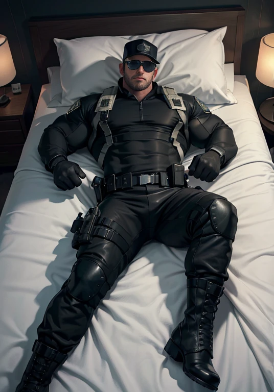 Allard man in pitch black, his arms are long and thick, wearing black sunglasses and a mask, lying on a large white and soft bed with warm fluff, the background is the arms of giants, muscle heroes, Buzz Cut, tall and burly, muscular! Tall burly, sneak suit, symmetrical floral texture design thick thermal tights, super buff and cool, high resolution committee, character design (Resident Evil - Chris Redfield), rough big feet, black military boots, attractive strong men, warm and soft lights shining on the body