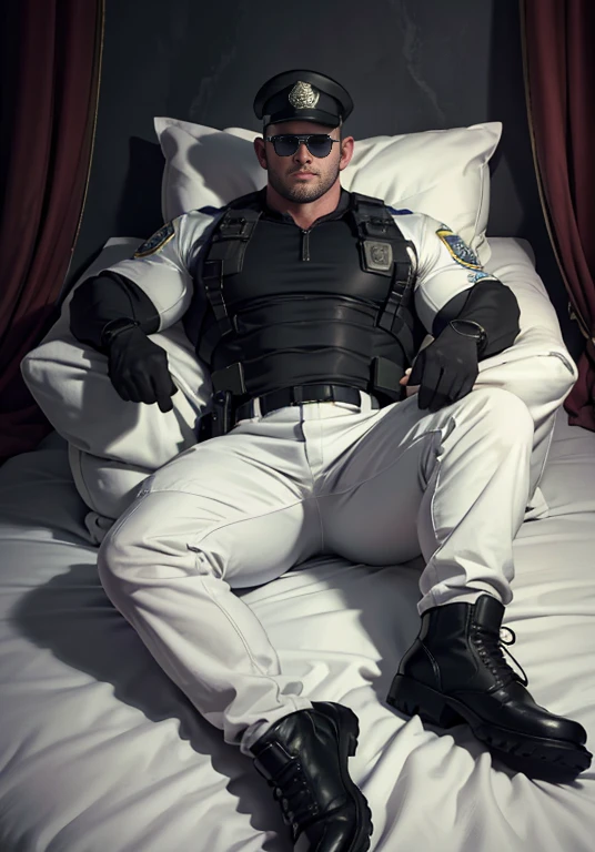 Allad man in milky white clothes, lying on a white and soft sofa bed with warm fluff, muscle hero, Buzz Cut, tall and burly, muscular! Wearing black sunglasses, tall and burly, stealth suit, symmetrical floral texture design thick thermal tights, super buff and cool, high resolution committee, character design (Resident Evil - Chris Redfield), black military boots, attractive strong man, sunlight shining through the window