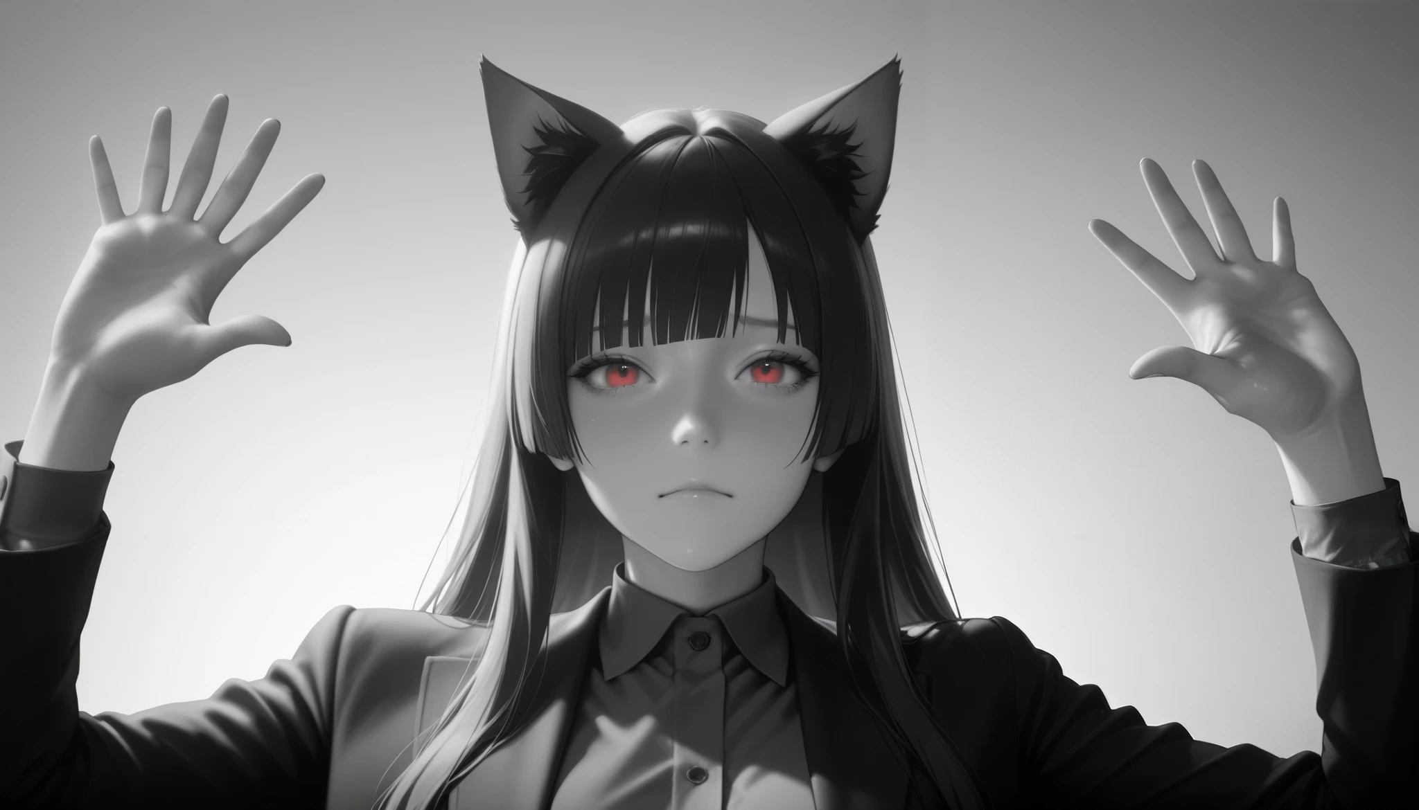 2.5D,  realistic , masterpiece,  best quality ,  soft lighting ,
 : "Absolute cine"
   Expressive, 
 Absolute_cine, English , parody, monochrome, greyscale,  a girl,  Closed mouth ,  looking at the spectator,  hands up
Junkotvvxl Black Long Hair,  straight bangs , cat ears, red eyes