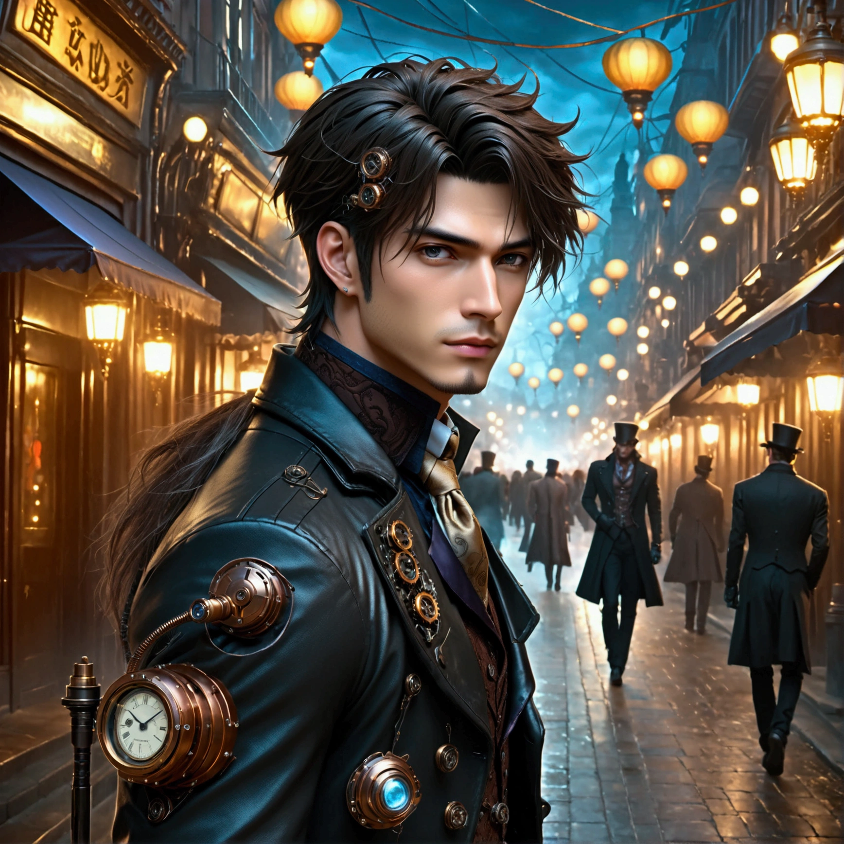 ((8k resolution, masterpiece, best quality)), A very handsome and sexy man walking down the street at night, steampunk style, ((ultra quality)), anime enhancement,  ultra detailed, ultra sharp, perfect colors, perfectly shaded, perfect lighting, very detailed face, perfect anatomy, 