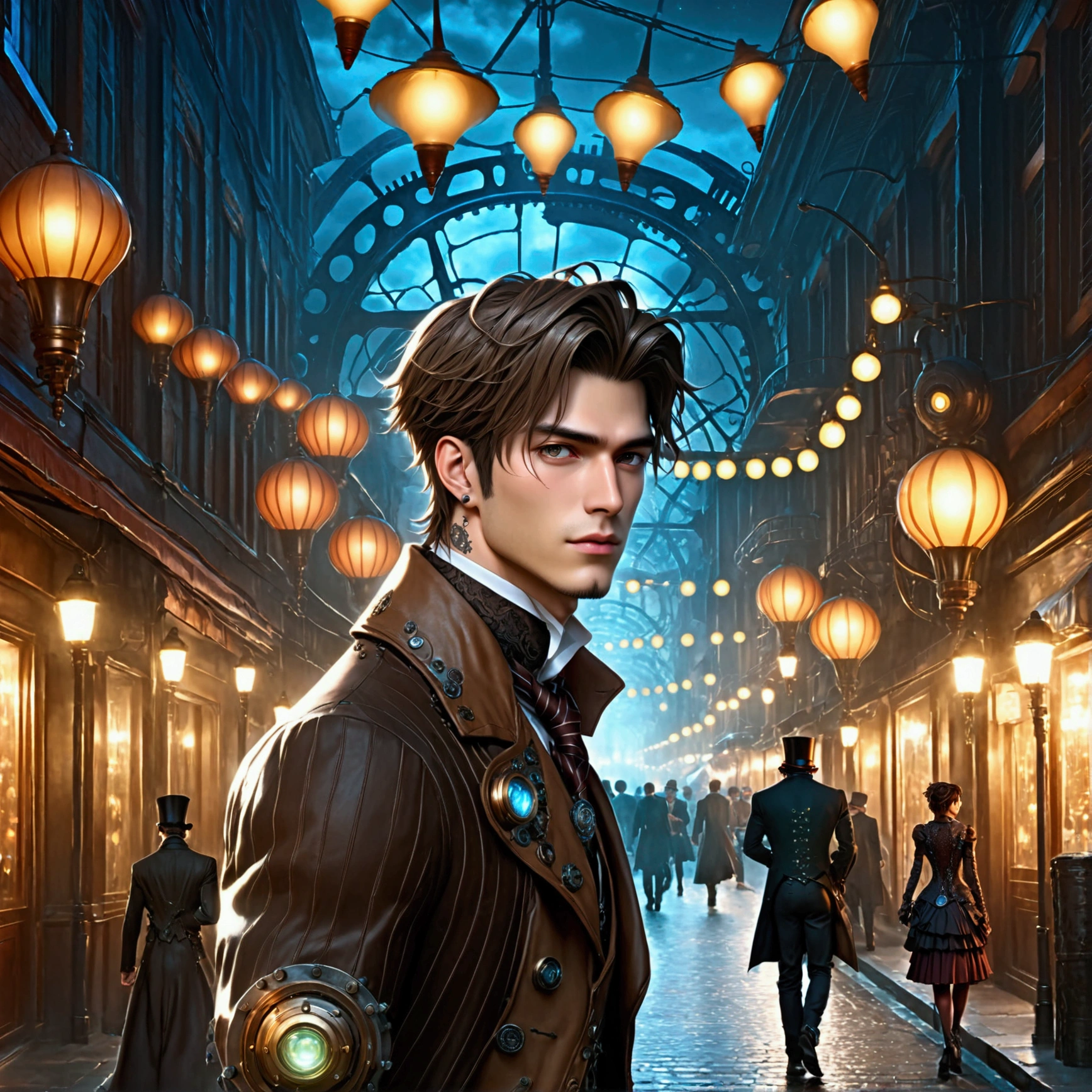 ((8k resolution, masterpiece, best quality)), A very handsome and sexy man walking down the street at night, steampunk style, ((ultra quality)), anime enhancement,  ultra detailed, ultra sharp, perfect colors, perfectly shaded, perfect lighting, very detailed face, perfect anatomy, 