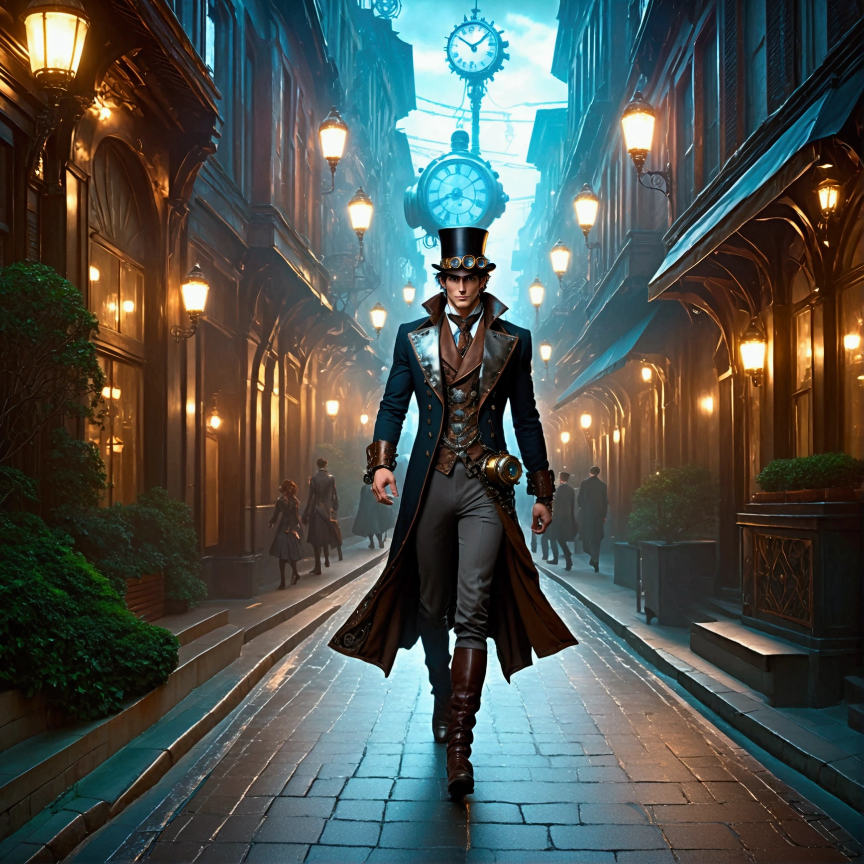 ((8k resolution, masterpiece, best quality)), A very handsome and sexy man walking down the street at night, steampunk style, ((ultra quality)), anime enhancement,  ultra detailed, ultra sharp, perfect colors, perfectly shaded, perfect lighting, very detailed face, perfect anatomy, 