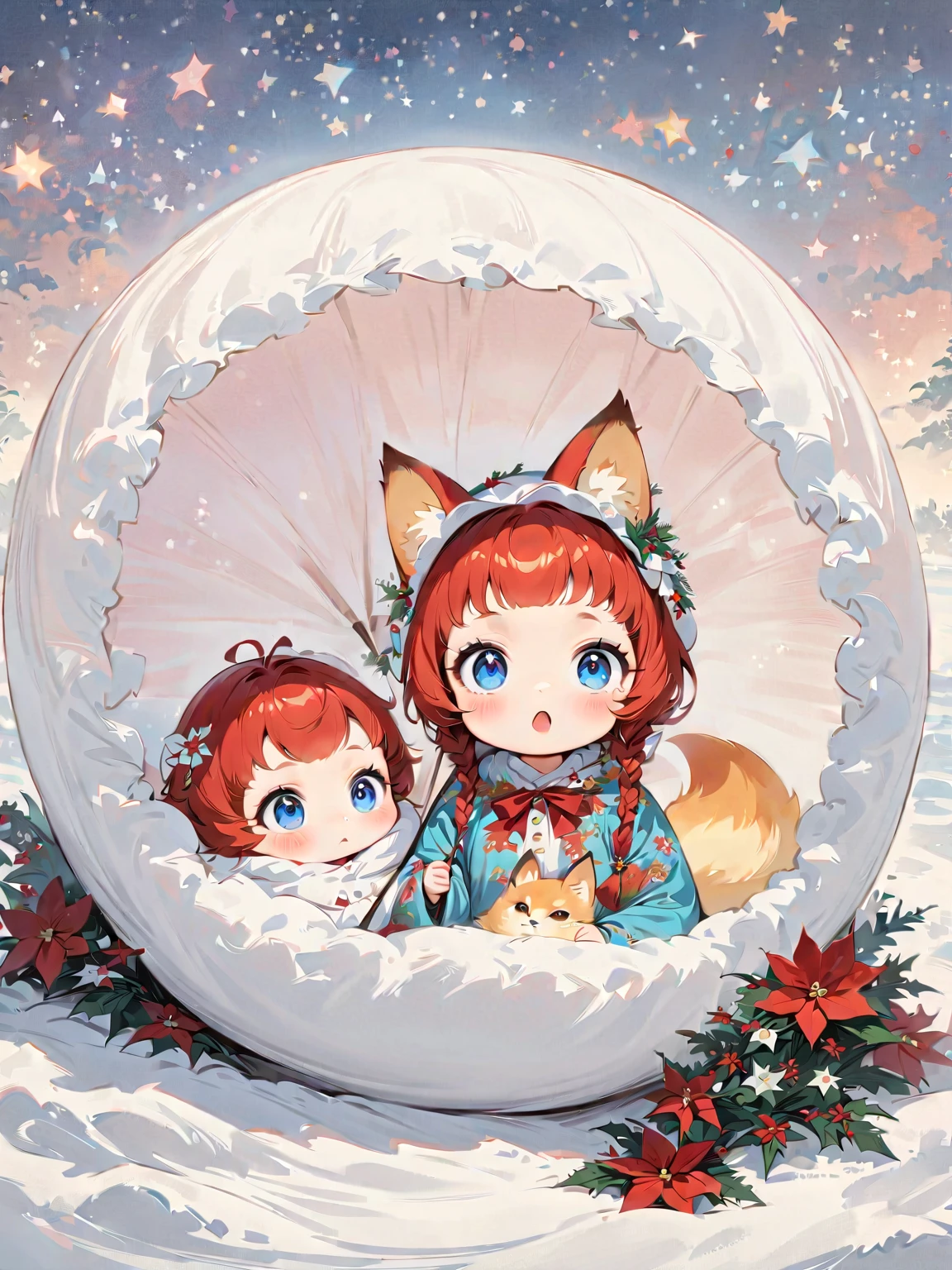 Umbrella or handheld   、Baby kitsune， the little character 、 Christmas Winter Scenery ， christmas illustration， 、When it snows , A rainbow appears。 poinsettia，(masterpiece,    top quality:1.2),    anime style character design， Baby kitsune，， Alone， big eyes，   cute expression   ，，Floral Shirt，   funny，   funny，