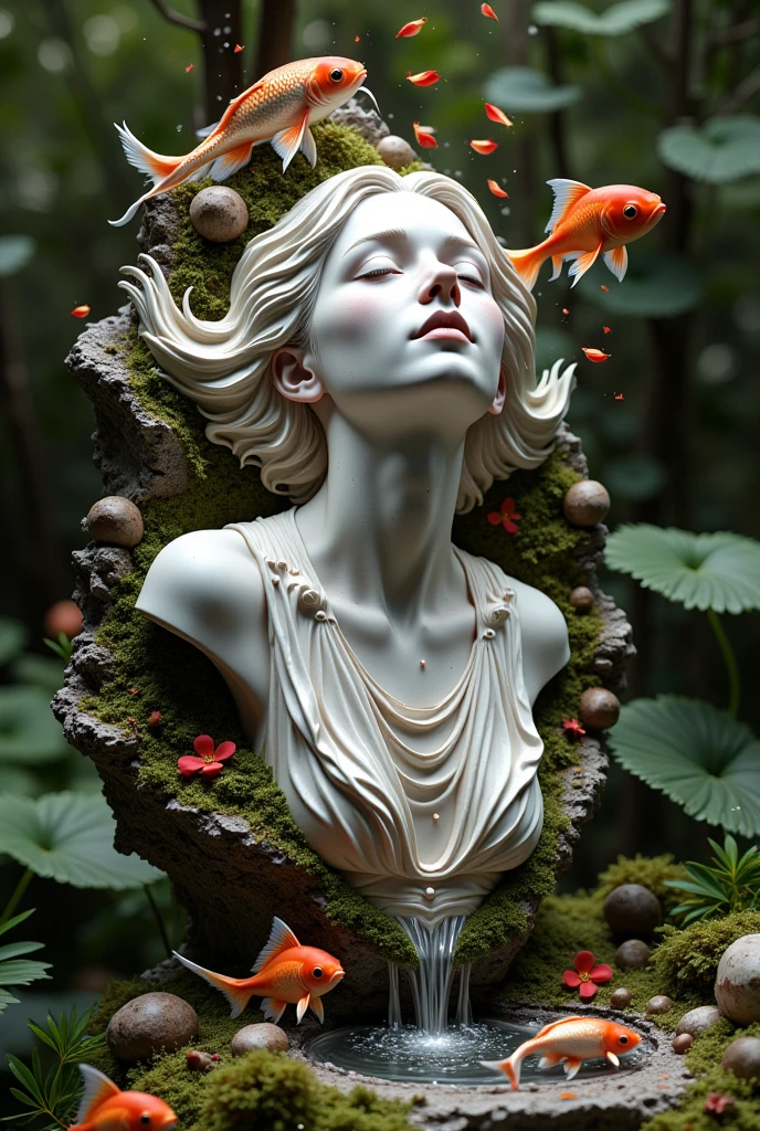 a detailed portrait sculpture of a person, eyes closed, head tilted back, in a forest environment with moss and small animals, highly detailed, (best quality,4k,8k,highres,masterpiece:1.2),ultra-detailed,(realistic,photorealistic,photo-realistic:1.37),intricate stone sculpture, serene expression, forest background, moss-covered rocks, spider silk, dew, tiny forest creatures, goldfish swimming in the air