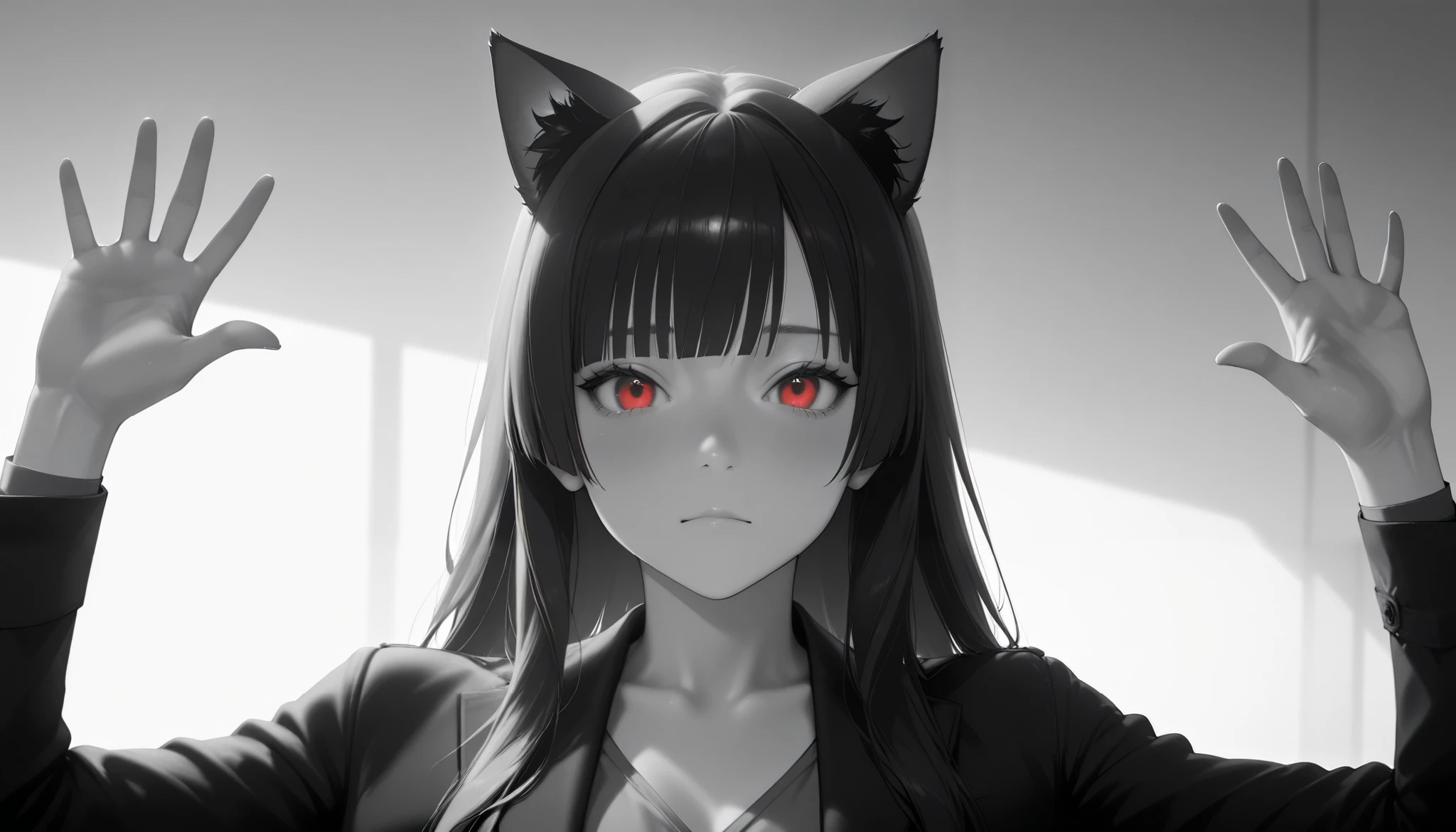 2.5D,  realistic , masterpiece,  best quality ,  soft lighting ,
 : "Absolute cine"
   Expressive, 
 Absolute_cine, English , parody, monochrome, greyscale,  a girl,  Closed mouth ,  looking at the spectator,  hands up
Junkotvvxl Black Long Hair,  straight bangs , cat ears, red eyes, 