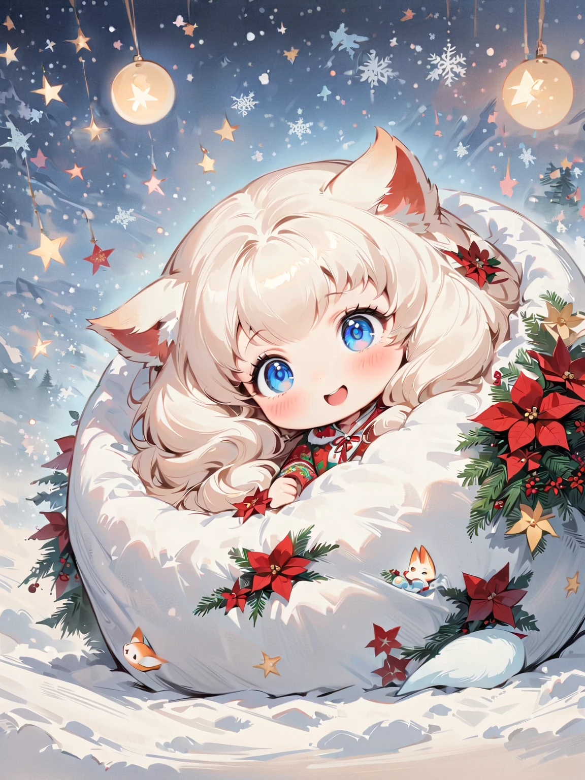 Umbrella or handheld   、Baby kitsune， the little character 、 Christmas Winter Scenery ， christmas illustration，Christmas food ，When it snows , A rainbow appears。 poinsettia，(masterpiece,    top quality:1.2),    anime style character design， Baby kitsune，， Alone， big eyes，   cute expression   ，，Floral Shirt，   funny，   funny，