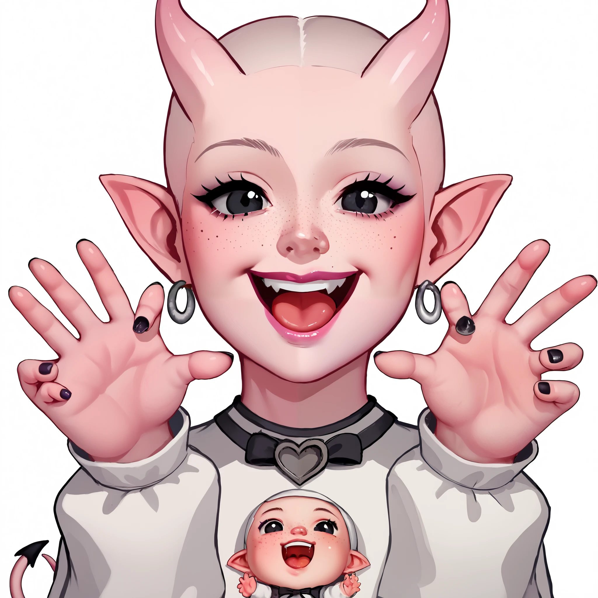 score_9, score_8_up, score_7_up, score_6_up, sw4p, a cute Tiefling newborn,  tiny tiefling, 1 yo, happy expression, big black eyes, freckles, playing and running on a white background, tiny tiefling horns, tiefling tail, baby features, bald baby, detailed little hands and feet, puririkaaa style, baby concept, source_cartoon