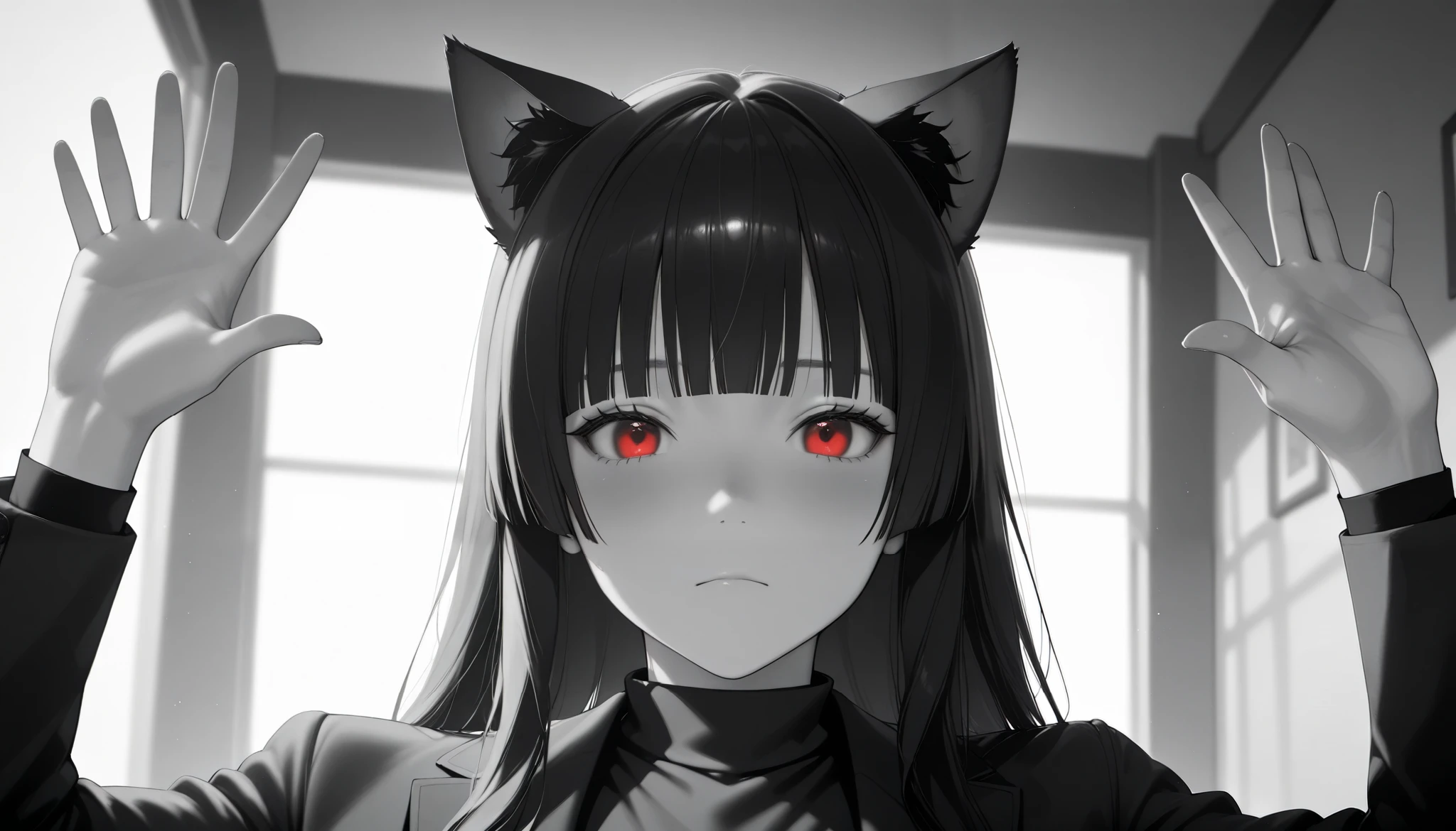 2.5D,  realistic , masterpiece,  best quality ,  soft lighting ,
 : "Absolute cine"
   Expressive, 
 Absolute_cine, English , parody, monochrome, greyscale,  a girl,  Closed mouth ,  looking at the spectator,  hands up
Junkotvvxl Black Long Hair,  straight bangs , cat ears, red eyes, 