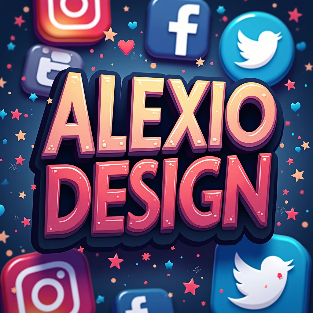  Create an image that says . ALEXIODESIGN  ,,  with a creative font with somewhat striking , strong colors ,  behind the text add the logos of the main social networks ( FACEBOOK INSTAGRAM TIKTOK MESSENGER  ) ,  also add the logos of the main social networks , just add the logos ,  don't add the names  