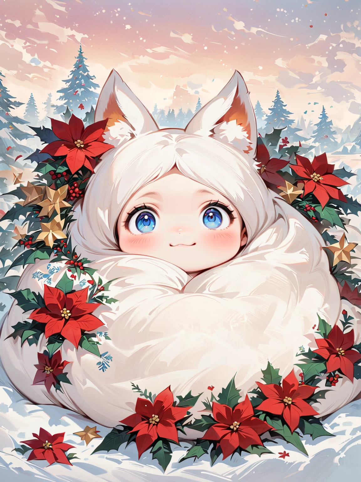  kitsune， the littracter 、 Christmas Winter Scenery ， christmas illustration，Christmas food ，When it snows , A rainbow appears。 poinsettia，(masterpiece,    top quality:1.2),    anime style character design， Baby kitsu Alone， big eyes，   cute expression   ，，Floral Shirt，   funny，   funny，