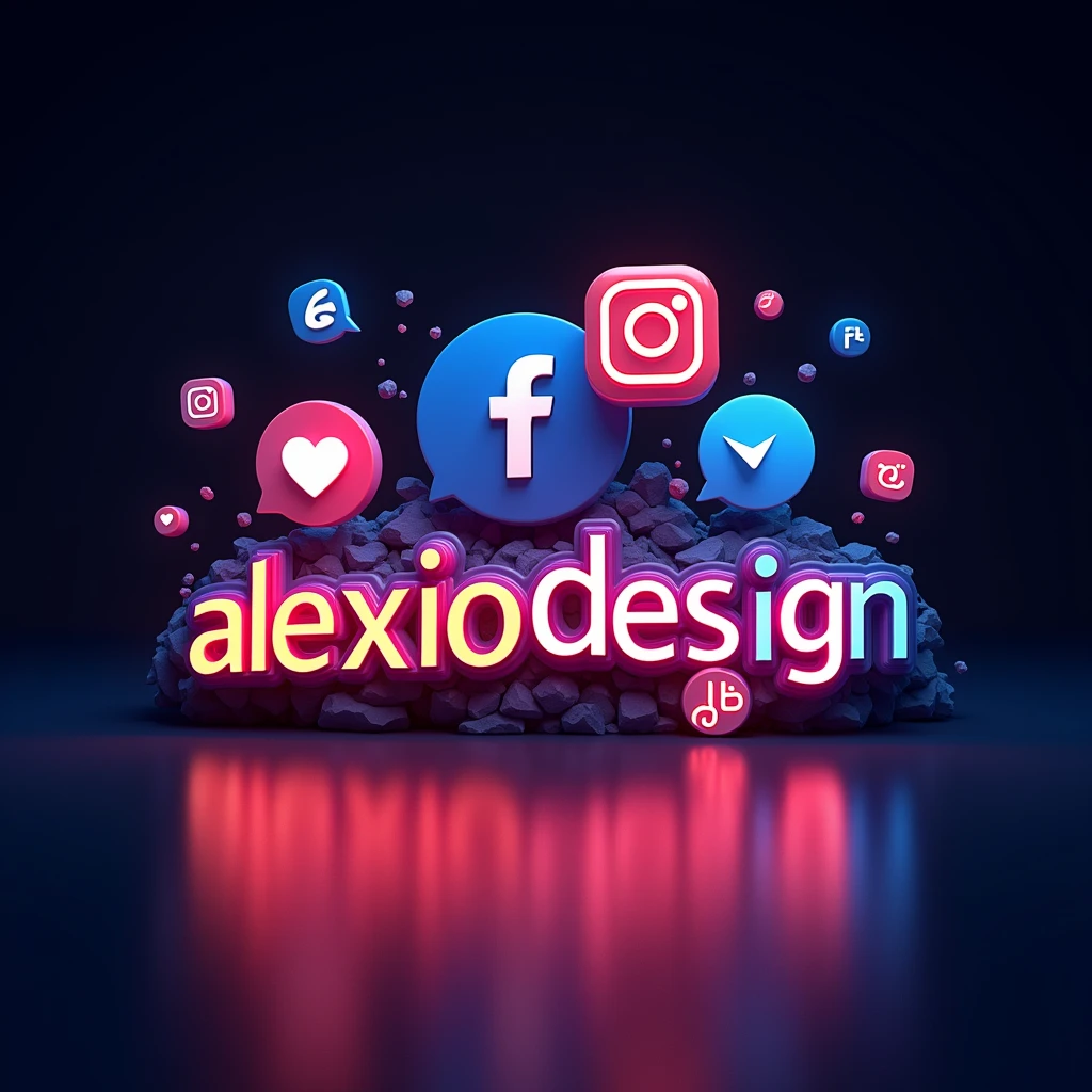  Create an image that says . ALEXIODESIGN  ,,  with a creative font with somewhat striking , strong colors ,  behind the text add the logos of the main social networks ( FACEBOOK INSTAGRAM TIKTOK MESSENGER  ) ,  also add the logos of the main social networks , just add the logos ,  don't add the names  