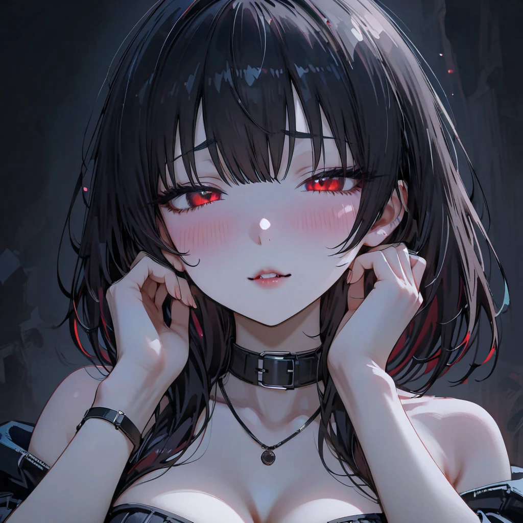 (masterpiece, best quality:1.2), 1 girl, unique, mature woman, black light, glowing eyes, yandere makeup, (love blush:1.5), hands up, half-closed eyes, glowing-eyes, seductive smile, hands on cheeks