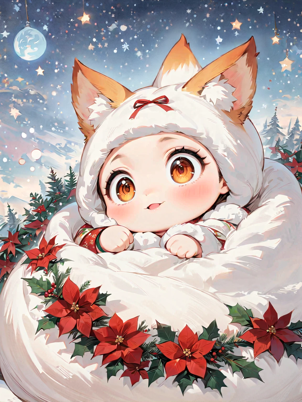  christmas illustration，Baby kitsune， the little character 、 Christmas Winter Scenery ，Christmas food ，When it snows , A rainbow appears。 poinsettia，(masterpiece,    top quality:1.2),    anime style character design， Baby kitsune，， Alone， big eyes，   cute expression   ，，Floral Shirt，   funny，   funny，