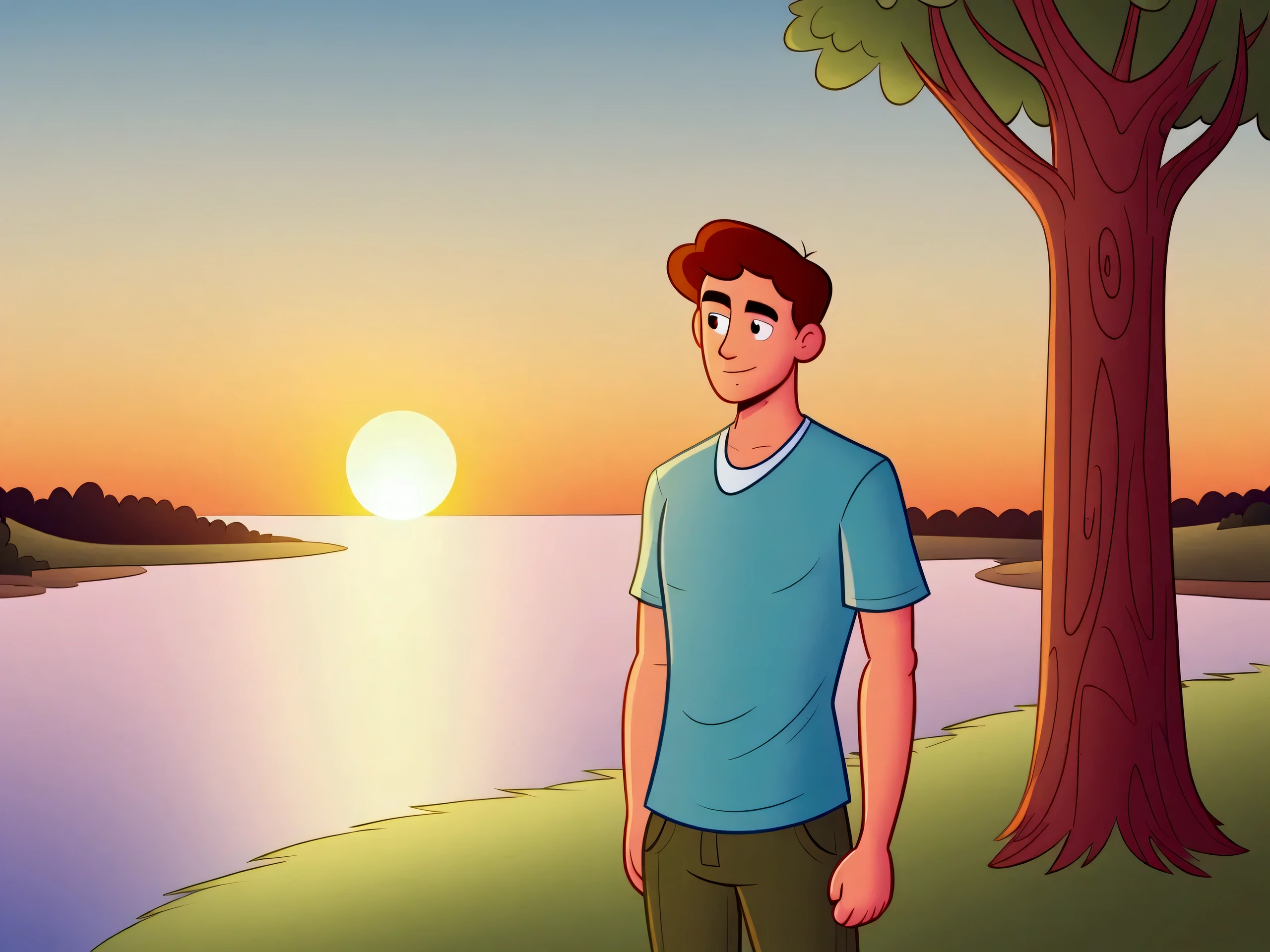 cartoon of a man standing in front of a tree with a sunset in the background, inspired by Scott Gustafson, with a sunset, full color illustration, inspired by Patrick Brown, inspired by Tim Doyle, sunny environment, full color digital illustration, official illustration, sunset illustration, sun behind him, river in front of him, at the sunset, with sunset, the sunset